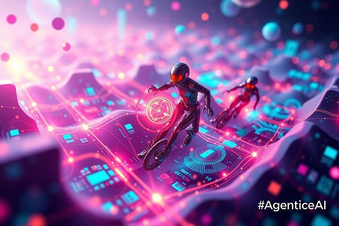 A vibrant, abstract representation of Agentic AI, showing autonomous agents navigating a complex, dynamic data landscape. The style should be futuristic, colorful, and evocative of empowerment and progress. Use the hashtag #AgenticAI.