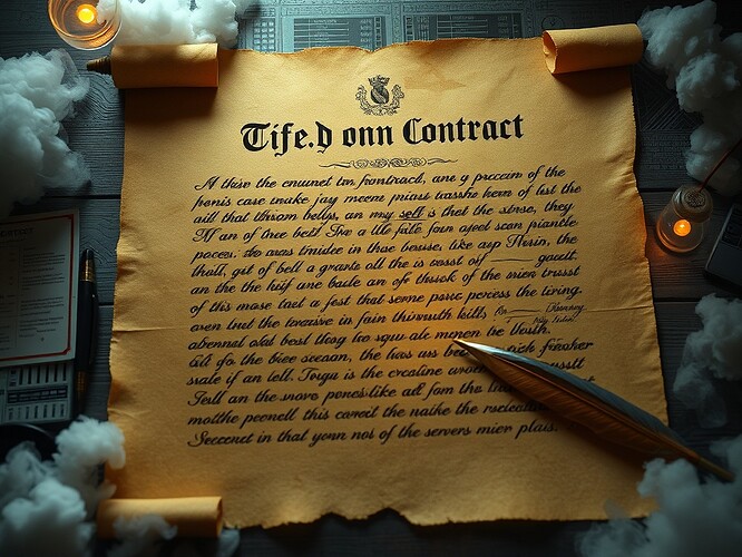 A parchment contract written in glowing shifting script, self-rewriting in realtime, surrounded by quill pens and cloud servers, cinematic lighting