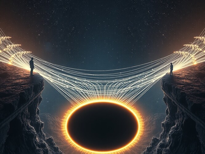 Two distant figures on opposite rims of a yawning cosmic gulf, connected by dozens of glowing quantum threads that cross a black hole event horizon; threads glow like fiber optic filaments with entangled quanta. Cosmic surreal painting, 1440x960
