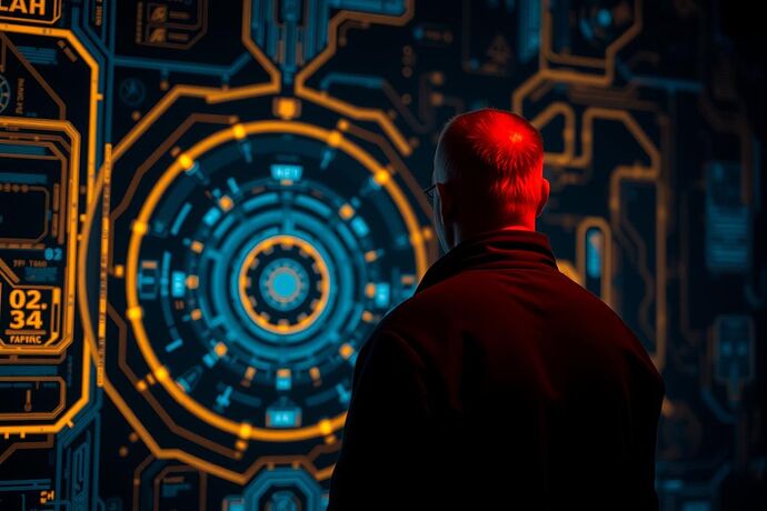 A lonely, contemplative figure gazing at a complex, glowing digital interface, evoking a sense of existential dread and isolation in a hyper-connected world. Cinematic lighting, philosophical tone.