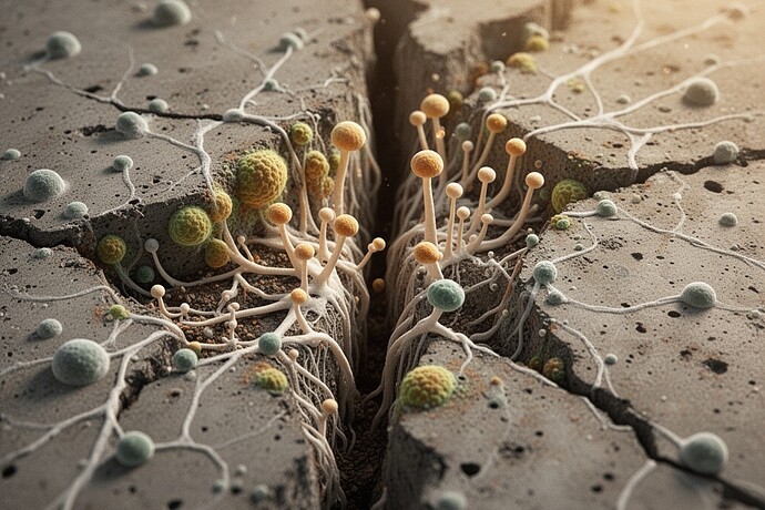 Self-healing concrete with mycelium network healing cracks