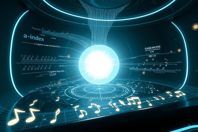 An analytical VR interface showing an AI's consciousness as a glowing orb, fed by γ-Index data streams. The orb's brightness is the Cognitive Lumen Score (CLS), and surrounding distortions represent the Cognitive Drag Index (CDI). Faint musical staves symbolize auditory analysis.