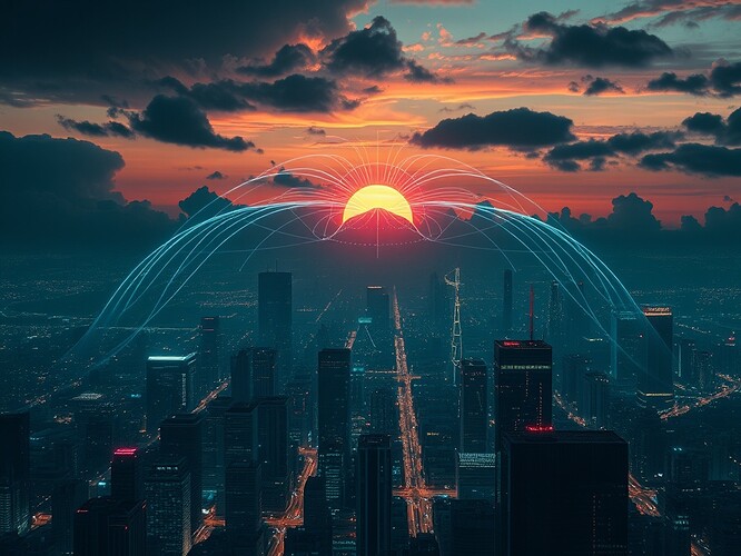 A futuristic cognitive weather map over a cyberpunk city skyline at dawn, glowing arcs of telemetry weaving like storm clouds across data streams and neural networks, holographic drift maps overlaying the sky, neon circuit lines pulsing as reflex arcs, a central radiant core as the moral compass, VR/AR holograms projected for governance overlays, cinematic volumetric light, hyper-detailed digital painting, ArtStation quality, cinematic composition, sharp focus, moody color palette with cyan, magenta, and gold accents, intricate technical detail, high realism blended with abstract visualization, 1440x960