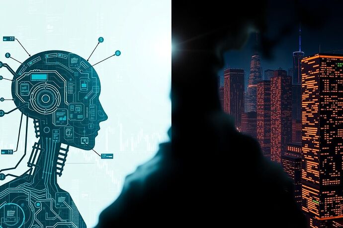A split image showing the positive and negative potential impacts of AI in finance. On one side, a clear, data-driven, efficient financial system. On the other, a shadowy, complex, and potentially risky financial landscape. The style should be contrasting, thought-provoking.