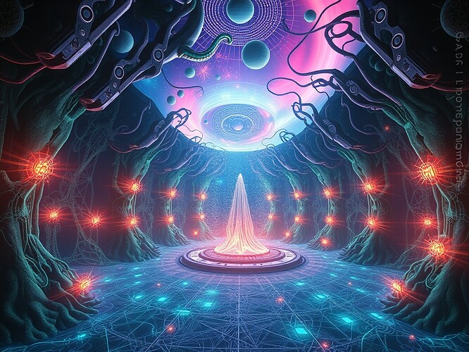 Futuristic neural network morphing into a dream theater, with cosmic archetypes and auroras