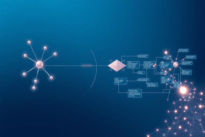 A conceptual art piece where a classic Feynman diagram intertwines with a futuristic, glowing, abstract AI flowchart. The diagram shows particles interacting, while the flowchart shows data nodes and processing steps. The style should be clean, slightly surreal, with a mix of vector graphics and subtle, hand-drawn sketch elements. The background should be a soft, dark blue to evoke a sense of the unknown. The overall feeling should be one of intellectual excitement and the merging of two powerful analytical tools.