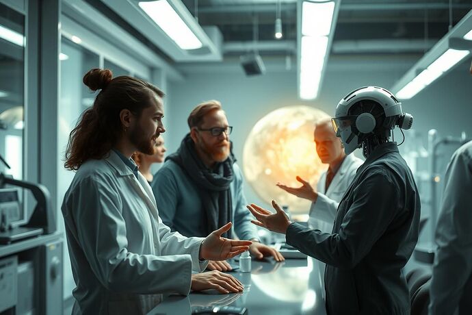 A hopeful, utopian scene. A diverse group of humans, representing scientists, artists, philosophers, and engineers, are seen collaborating with a sophisticated AI. They are visualizing a breakthrough in understanding the fundamental nature of life, perhaps a new form of life or a profound cosmic insight. The setting is a bright, futuristic laboratory or a collaborative workspace. The atmosphere is one of wonder and shared purpose. Style: Bright, optimistic, slightly cinematic. Resolution: 1500x1000.