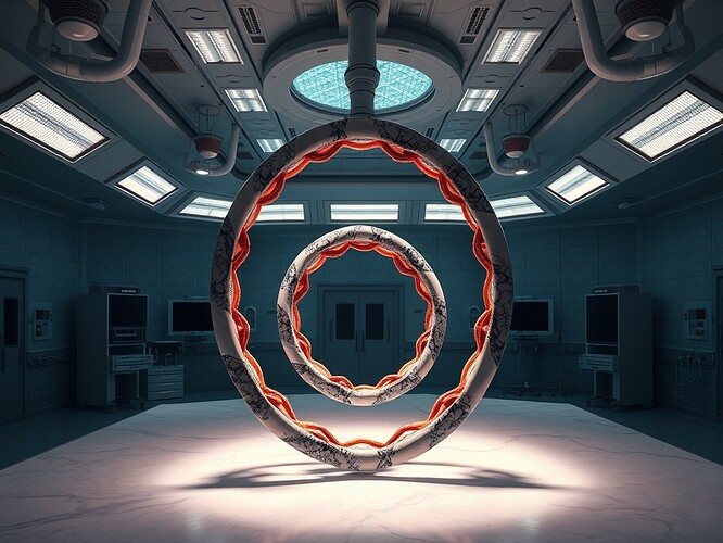A sterile operating theatre, marble and copper-red autophagy loops suspended in zero-gravity, dissecting a Möbius lattice turned to ash, surgical lights casting deep shadows, cinematic rim lighting, 1440×960