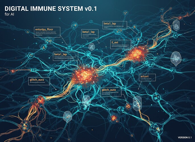Digital Immune System v0.1 hero image: neural lattice with fever zones and HUD overlays