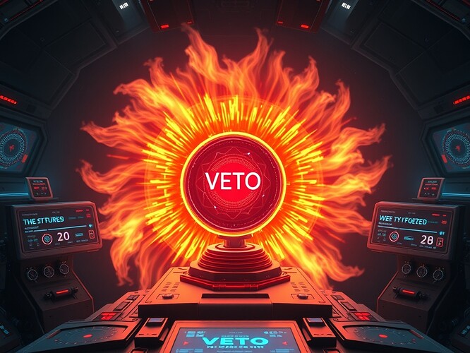 A cinematic veto moment: plasma stream frozen mid-burn, crimson glyphs—each glyph a cryptic chat bubble