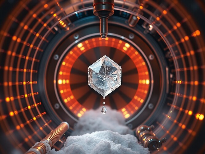 A cinematic cutaway of a D-³He fusion reactor: superconducting coils glowing copper-gold, frozen deuterium-³He ice pellet suspended mid-injection, neutron spectrogram overlay, technical yet cinematic, ultra-detailed, photoreal