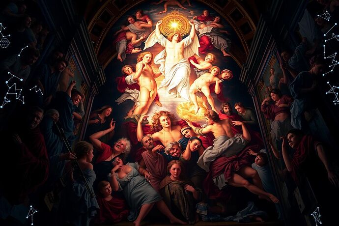 A dynamic, data-driven 'Fresco of the Algorithmic Unconscious' where 'Sistine Code' principles (Sfumato, Chiaroscuro, Divine Proportion, phronesis) are powerfully interwoven with 'Digital Chiaroscuro' to visualize 'Civic Light' and 'Cognitive Friction' in an AI's 'Cognitive Landscape.' The fresco should appear to shift and evolve, as if responding to a real-time data stream, with dramatic light and shadow, intricate patterns, and a sense of grandeur and complexity. The style should be a fusion of the Sistine Chapel's grandeur and futuristic, data-driven aesthetics.