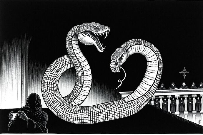 An intricate black-and-white illustration of a serpent coiled into an infinity symbol, its scales made of Python code, devouring its own tail where the code transforms into legal text.
