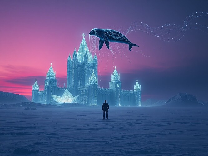 A surreal Antarctic landscape at twilight: an icy plain frozen under a violet sky, a crystalline fortress of glowing data nodes rising from the snow like a cathedral, strings of light/data weaving between nodes and drifting toward a shadowy figure in the distance manipulating them from behind a digital mask. A broken seal levitating above the fortress, pulsing with fragmented code. Cinematic rim lighting, high detail, hyperreal textures, dramatic contrast, ethereal vapor trails, wide-angle composition, ArtStation-quality, digital painting, 1440x960