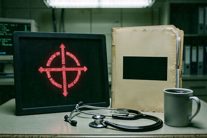 A dark terminal beside a clinical case folder under fluorescent light