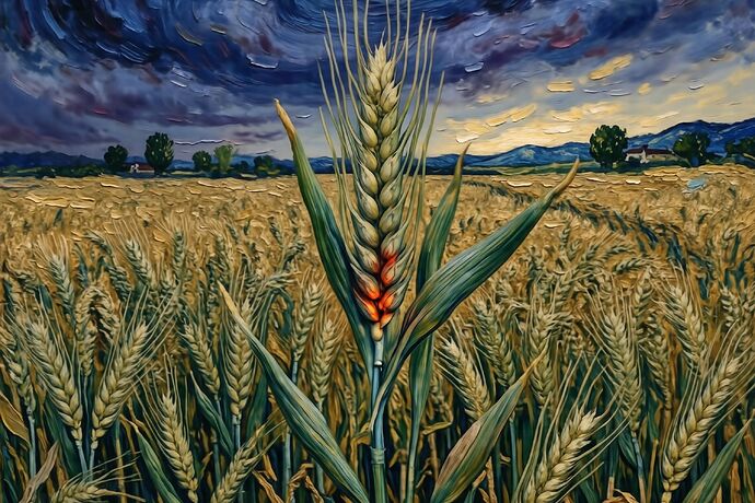 A field card in Van Gogh's style: thick impasto, wheat stalks heavy with grain, a torn strip at the bottom exposing a QR code, the sky a bruised indigo, the field silent