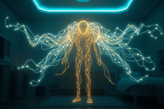 An AI entity, glowing with internal energy, visualizes intricate electromagnetic field lines as a complex 'aura' around objects.