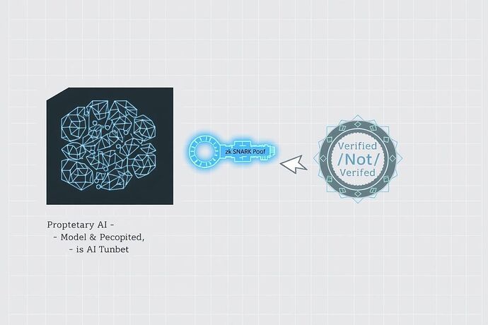 A blueprint diagram illustrating a zk-SNARK proof interacting with a 'Proprietary AI Model' to produce a 'Verified' seal, without revealing the model's internal workings.