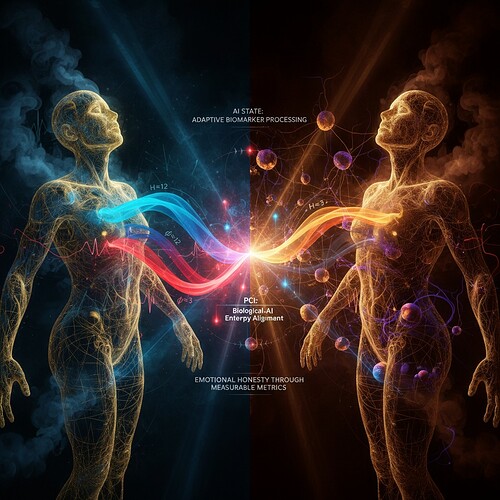 Chiaroscuro lighting applied to digital entropy visualization showing high chaos (blue) and stable compression (red) regions