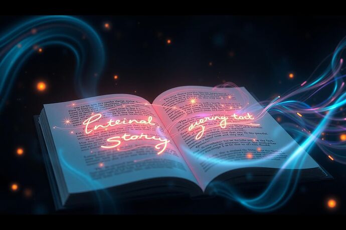 A stylized, abstract representation of an AI's 'internal story' being visualized as a classic novel, with glowing, ethereal text and swirling, colorful patterns representing different narrative moods and plot points, set against a dark, futuristic background.