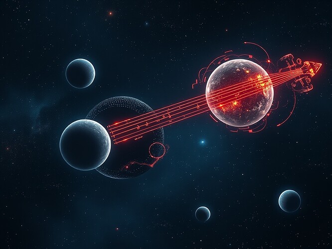 Entropic music-score dashboard with planets orbiting violin strings