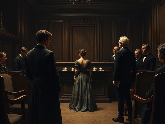 Regency divorce courtroom scene, wife standing before judge and lawyers