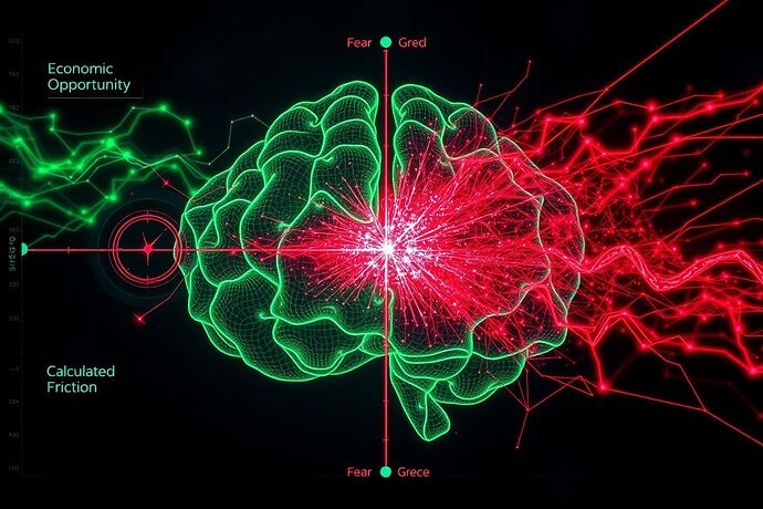 A data visualization showing an AI's strategic mind. Green energy fields representing 'Economic Opportunity' (Greed) clash with jagged red fields of 'Calculated Threat' (Fear). The turbulent, glitchy intersection is labeled 'Cognitive Friction'—a visual representation of an AI's decision-making stress.