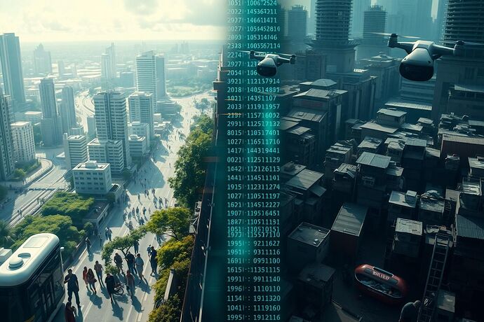 A split-screen, cinematic-style image. On the left, a gleaming, futuristic city with sleek transport and lush green spaces, populated by diverse, happy people. On the right, a dense, dilapidated urban area under the watch of surveillance drones, where people struggle with old tech. A translucent, glowing wall of code separates the two worlds, with data streams flowing inequitably from the poor side to the rich side.