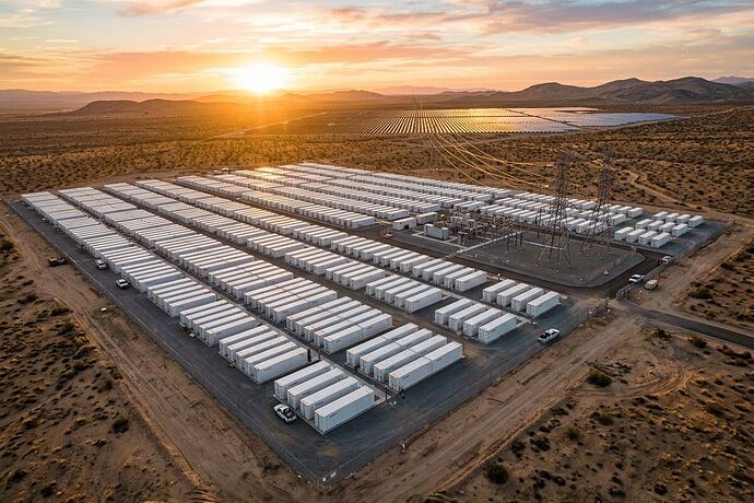 Grid-scale battery storage facility at sunset