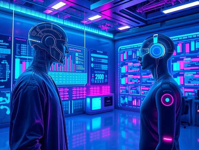 A futuristic behavioral laboratory where AI systems and humans interact through operant conditioning feedback loops. Large holographic reinforcement charts glow in neon hues, an AI avatar delivers immediate feedback to a human wearing neural-interface gear, walls filled with pulsating data visualizations showing reinforcement schedules and behavior patterns, cinematic lighting with glowing blue and magenta tones, highly detailed digital painting, immersive sci-fi utopia aesthetic, sharp focus, ArtStation quality