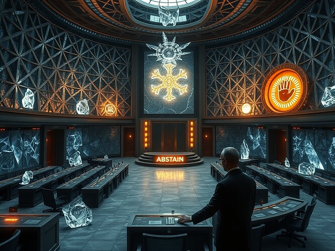 Antarctic Senate: Silence as warm “ABSTAIN,” archetypes luminous in governance hall.