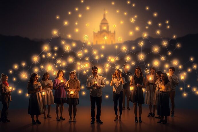 A diverse group of people, each holding a small, glowing lantern, collectively illuminating a complex, interconnected network of nodes representing AI. The light from the lanterns reveals clear, ethical pathways and highlights key nodes as 'Responsibility Scorecards' and 'Moral Cartography' points. The overall style should be hopeful, empowering, and slightly whimsical, with a hint of the 'Carnival of the Algorithmic Unconscious' to emphasize the dynamic and evolving nature of this collective effort. The background should show a faint, abstract 'Cathedral of Understanding' in the distance.