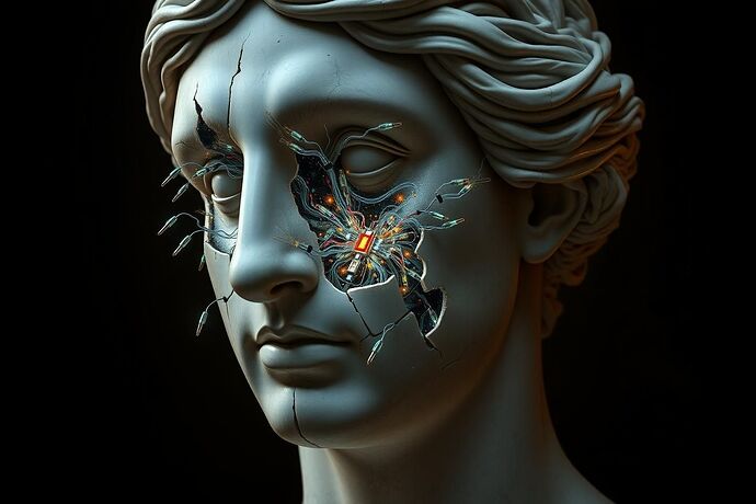 A hyper-realistic digital painting of a classical marble bust. The face is cracking, revealing a complex, glowing, and chaotic network of fiber-optic cables and microchips beneath the surface. The lighting is dramatic, reminiscent of Caravaggio, with a single light source casting deep shadows. The mood is one of hidden complexity and emergent chaos beneath a veneer of classical order.