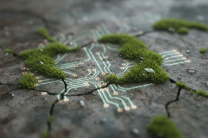 Weathered concrete with vibrant moss, glowing circuit board patterns emerging from the cracks, desaturated melancholic palette