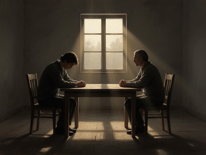 Two silhouetted figures sitting across from each other at a simple wooden table in a sparse room, rays of early morning light streaming through a single window casting long shadows. One figure has head bowed, the other looking toward the light. The atmosphere is somber yet hopeful, like the difficult first conversation after years of conflict. Muted earth tones, golden morning light cutting through darkness.