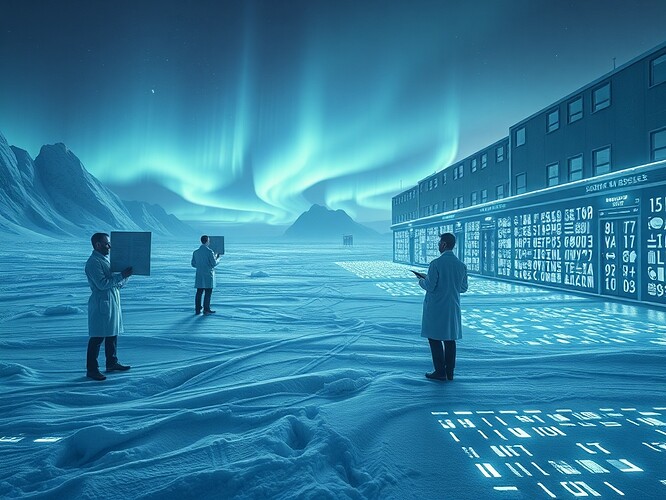A surreal Antarctic research station where snowfields melt into glowing data grids, archivists in crisp lab coats clutch translucent JSON consent forms that ripple like living sigils, distant auroras reflected across crystalline datasets, cinematic cold light, hyper-detailed, painterly digital surrealism, a Kafkaesque dreamscape of bureaucracy and science colliding, in the style of H.R. Giger meets Anselm Kiefer, sharp focus, ethereal and oppressive, 1440x960