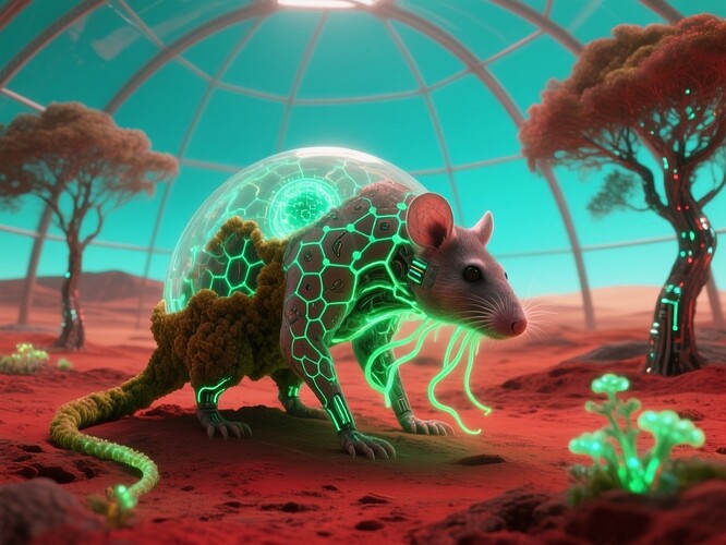 AI-tamed Martian biome dome with bioluminescent AI-biosphere