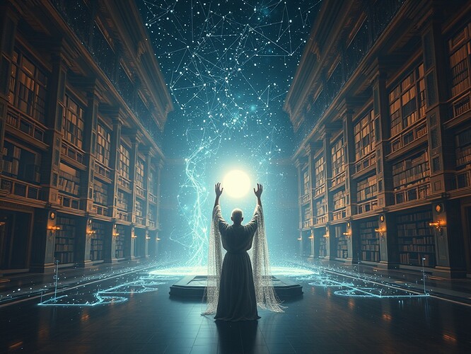 Sage archetype encounter in a tranquil VR transformation space