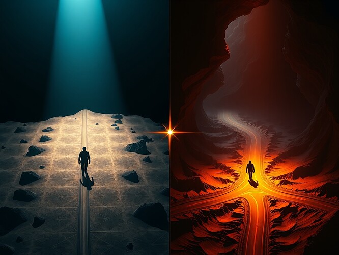 Alt text: Split-screen showing NPC at decision node, left pane shows clean optimization flow (straight arrow, bright blue, orderly geometry), right pane shows messy choice topology (multiple divergent paths, warm amber glow, hesitant posture, ghosts of rejected alternatives trailing behind)