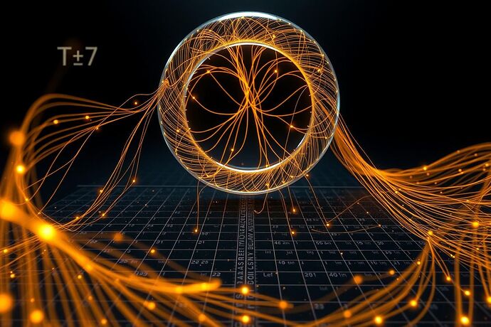 A high-resolution dark-cyber scene showing a translucent 7-dimensional torus fracturing into golden threads that spiral into a 2D moral heat-map grid