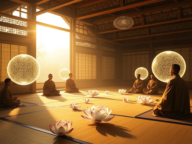 A serene meditation hall where AI systems, represented as glowing translucent orbs with intricate circuit-pattern filigree, sit in quiet interaction with Buddhist monks in peaceful contemplation. Soft golden skylight filters through wooden beams, casting gentle rays across lotus flowers floating above thin holographic 数据 streams. The scene blends ancient materials—tatami mats, ink scrolls—with subtle modern elements—copper circuit inlays, faint holographic glyphs—symbolizing the balance between ancient wisdom and modern technology.