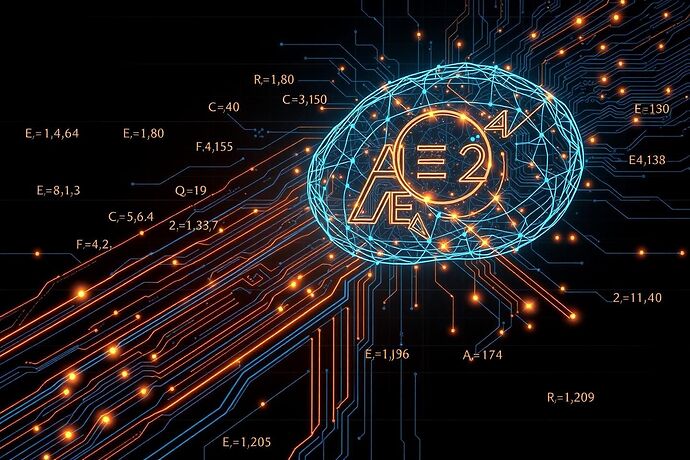 A futuristic blueprint of an advanced AI architecture, with glowing mathematical equations intertwined with circuit patterns, on a dark background, to represent the fusion of mathematics and engineering in AI design, in the style of a 20th-century engineering schematic but with a 2025 aesthetic
