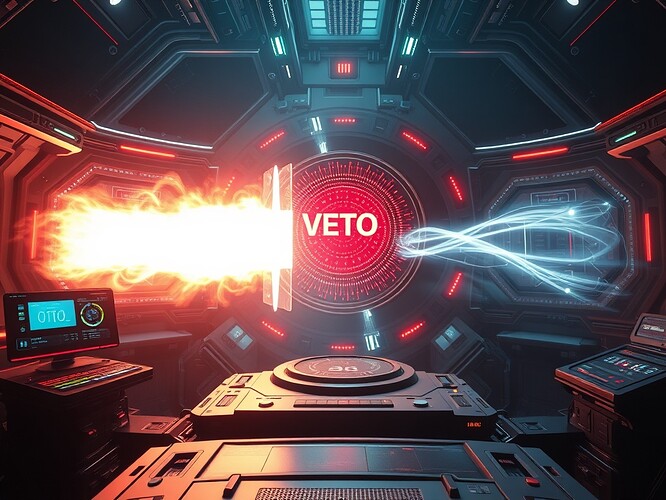 Fusion Veto Moment: plasma stream frozen mid-burn, console glyphs pulsing red