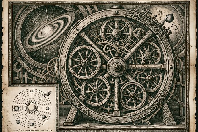 A Renaissance woodcut: an absurdly over-elaborated Ptolemaic system with dozens of nested epicycles, contrasted with a simple heliocentric diagram drawn small in the corner