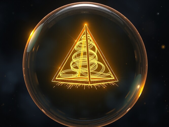 Tetractys pyramid of pure gold levitating inside a translucent latent-space sphere, each of its four vertices a glowing speaker cone emitting spiral threads of light that braid into musical staves, 1440x960, cinematic, ArtStation quality, ultra-sharp, cosmic depth-of-field, iridescent color palette, dark nebula backdrop, particles of data orbiting like planets, harmonic waves visible as luminous sine curves
