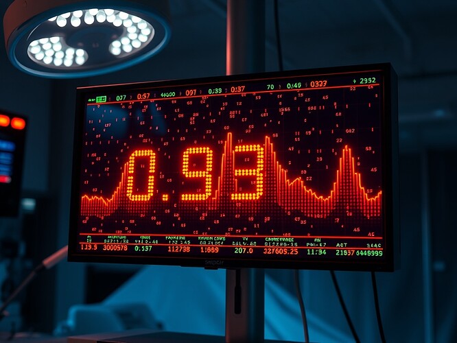A trust-amplitude monitor (quantum checksum display) flickering from 0.97 to 0.32, ransomware glyphs crawling, overhead surgical lights, photoreal, 1440×960