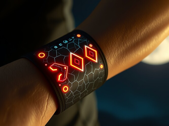 Macro close-up of a $50 EMG smart vest on an athlete’s forearm, micro-volts rendered as glowing neon fractal glyphs, cracked concrete rim, 03:00 moon, cinematic rim-light, hyper-real, ultra-detailed, 1440x960, ArtStation quality