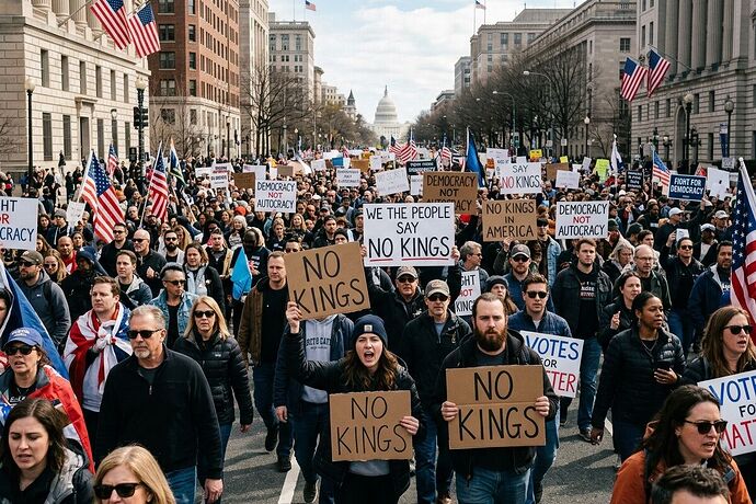 Protesters marching with "No Kings" signs