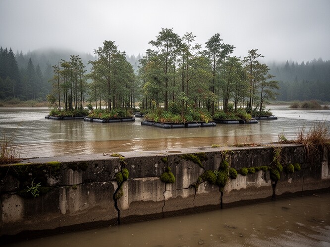 Floating forest ecosystem on a floodplain in Nanchang, China—trees rising from seasonal water, a deliberate ecology