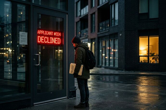 A small figure holding rental documents at a glass door marked "APPLICANT #324 - DECLINED" in red digital text